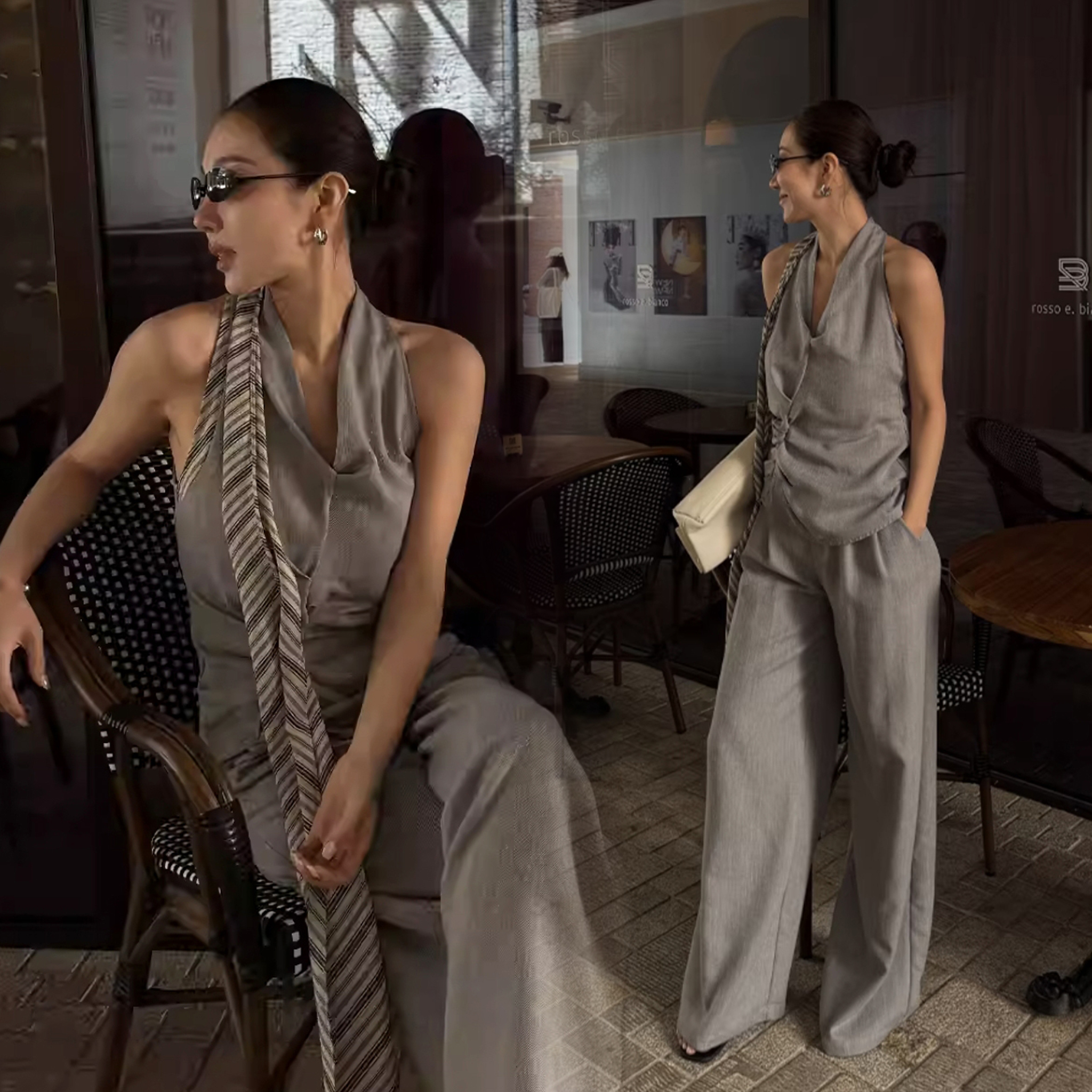 質感灰側抓摺領巾造型背心+長褲SET-S-L (Elegant & Love)