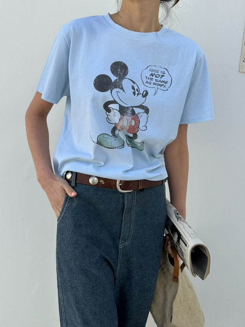 韓系復古米奇印花｜刷舊感顯瘦棉T