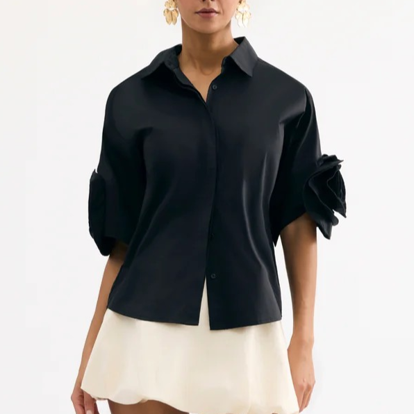 1LU0330-021 [LEO & UGO] Flowing Short-Sleeved Shirt Black #JE908-BLK (EU)