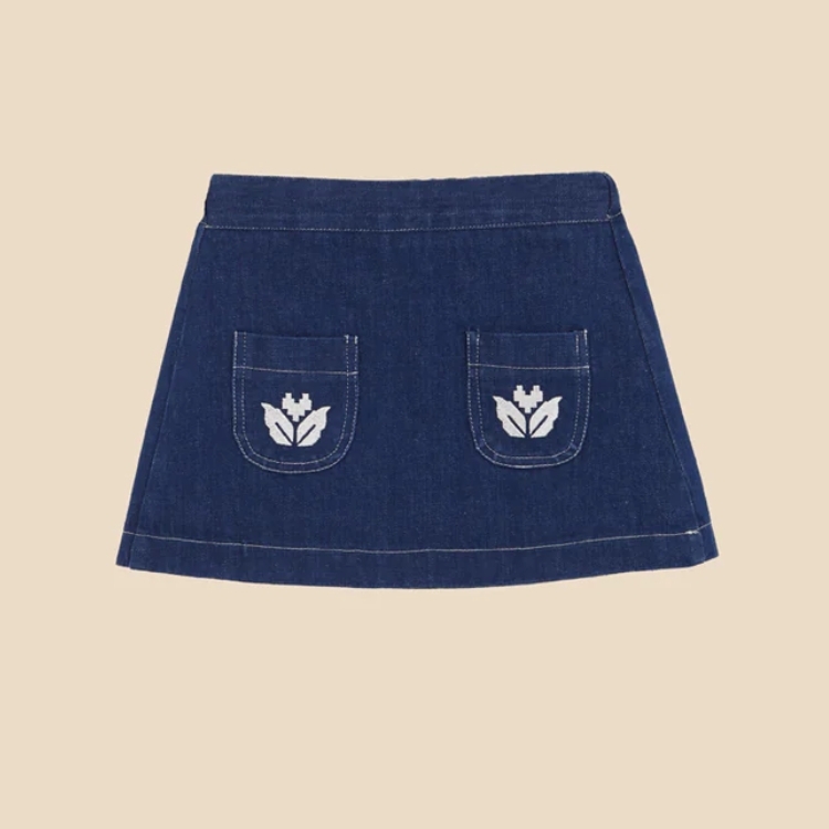 BIRINIT PETIT 花朵雙口袋牛仔短裙 Denim embroidered mini skirt girl