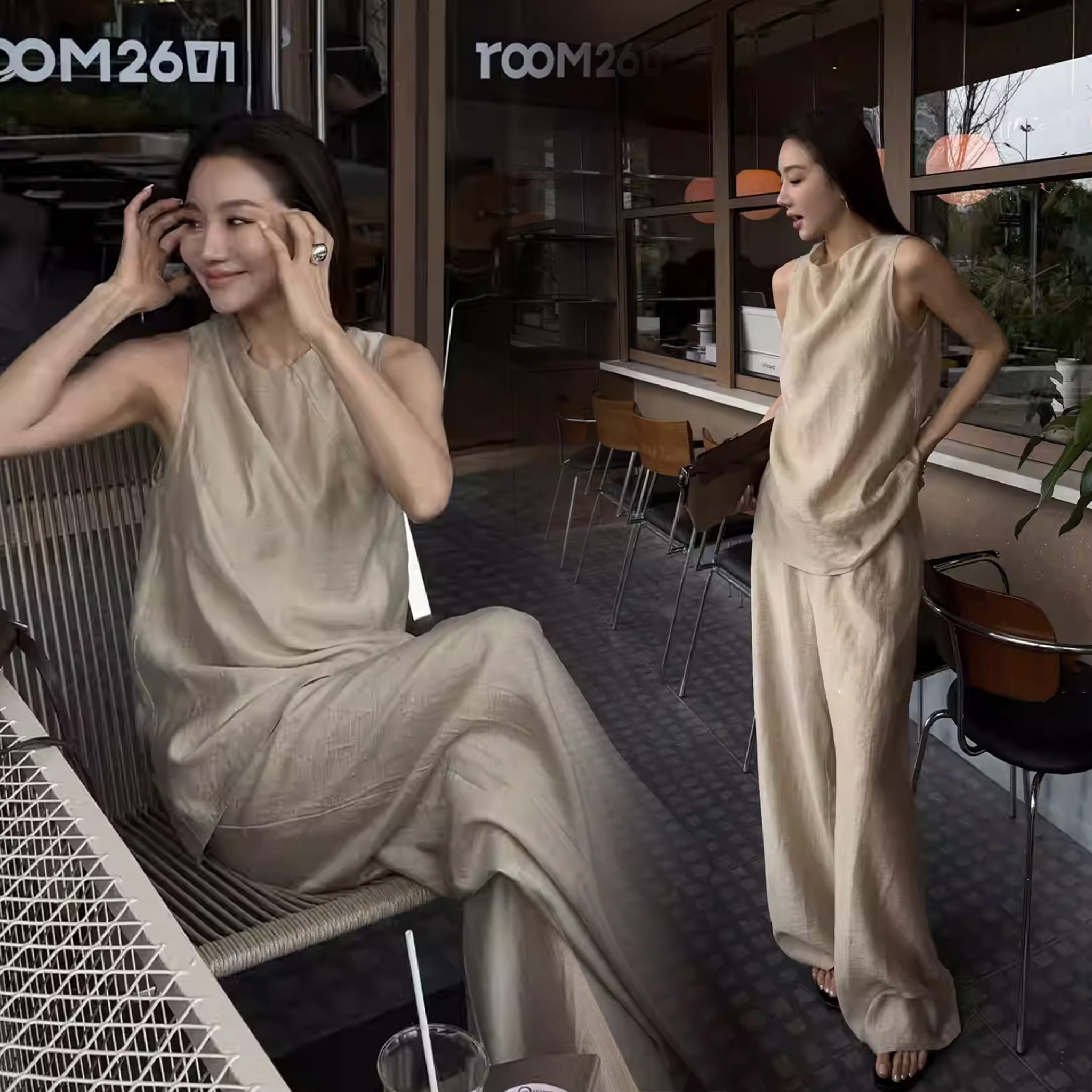 奶油杏微光澤感圓領背心上衣+長褲SET-S-L (Elegant & Love)