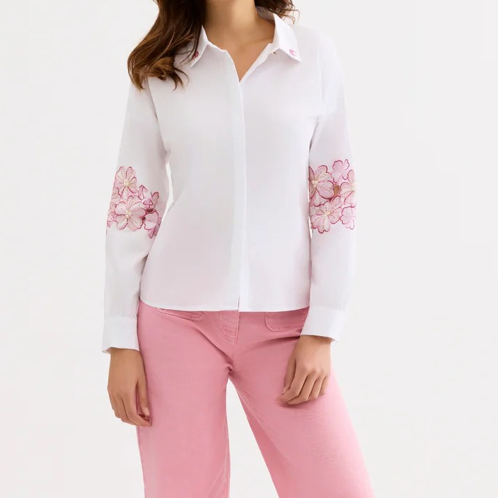 1LU0330-023 [LEO & UGO] Shirt with Pink Floral Embroidery White #JE917-SC (EU)