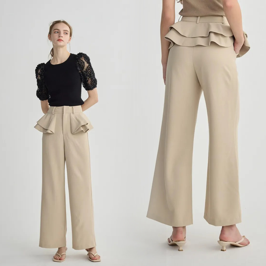 兩側可愛小裙擺造型西裝褲長褲-S-M / 3色 (Elegant & Love)