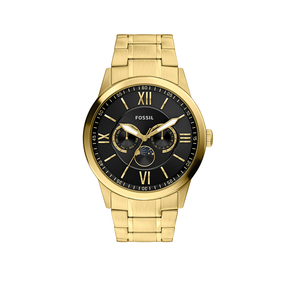 Flynn 經典雅士羅馬數字三眼手錶 金色不鏽鋼錶帶 48 MM BQM7136