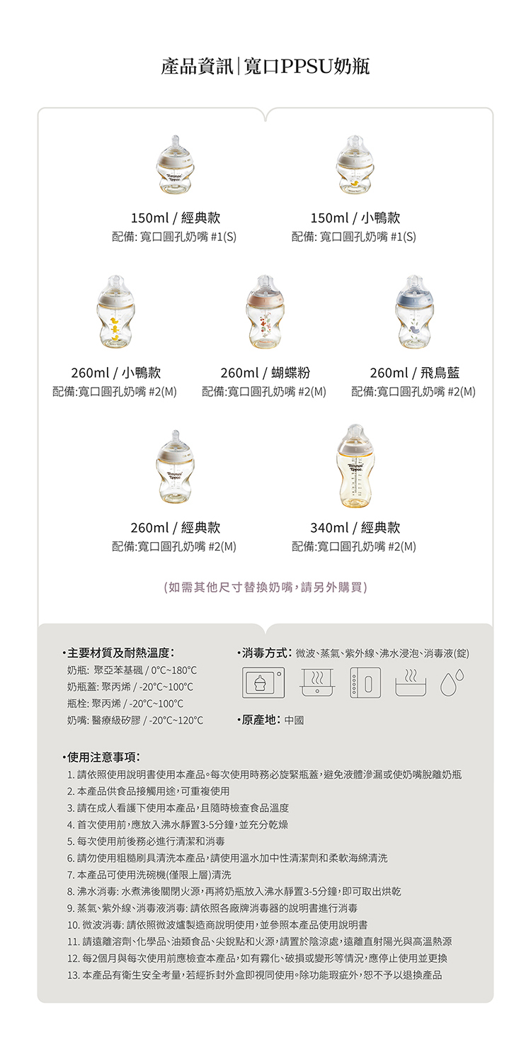 Tommee Tippee 可微波母乳柔感寬口PPSU奶瓶150ml (經典款)