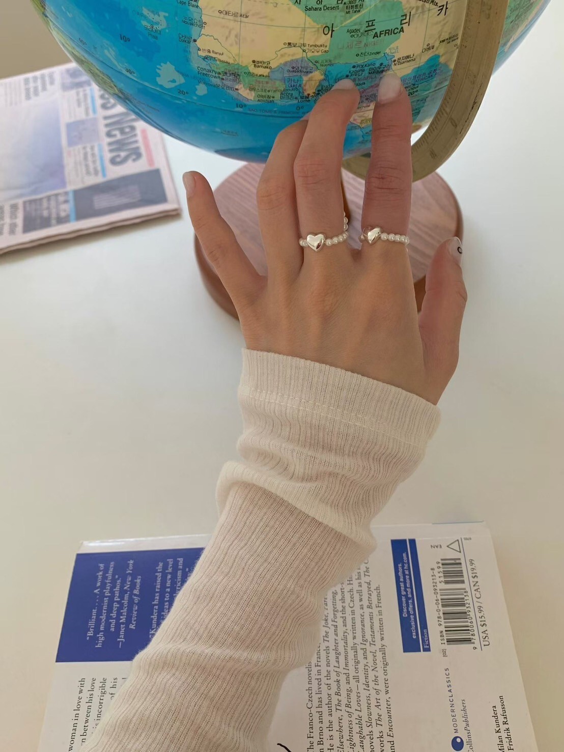 愛心造型滾邊珍珠彈力戒指