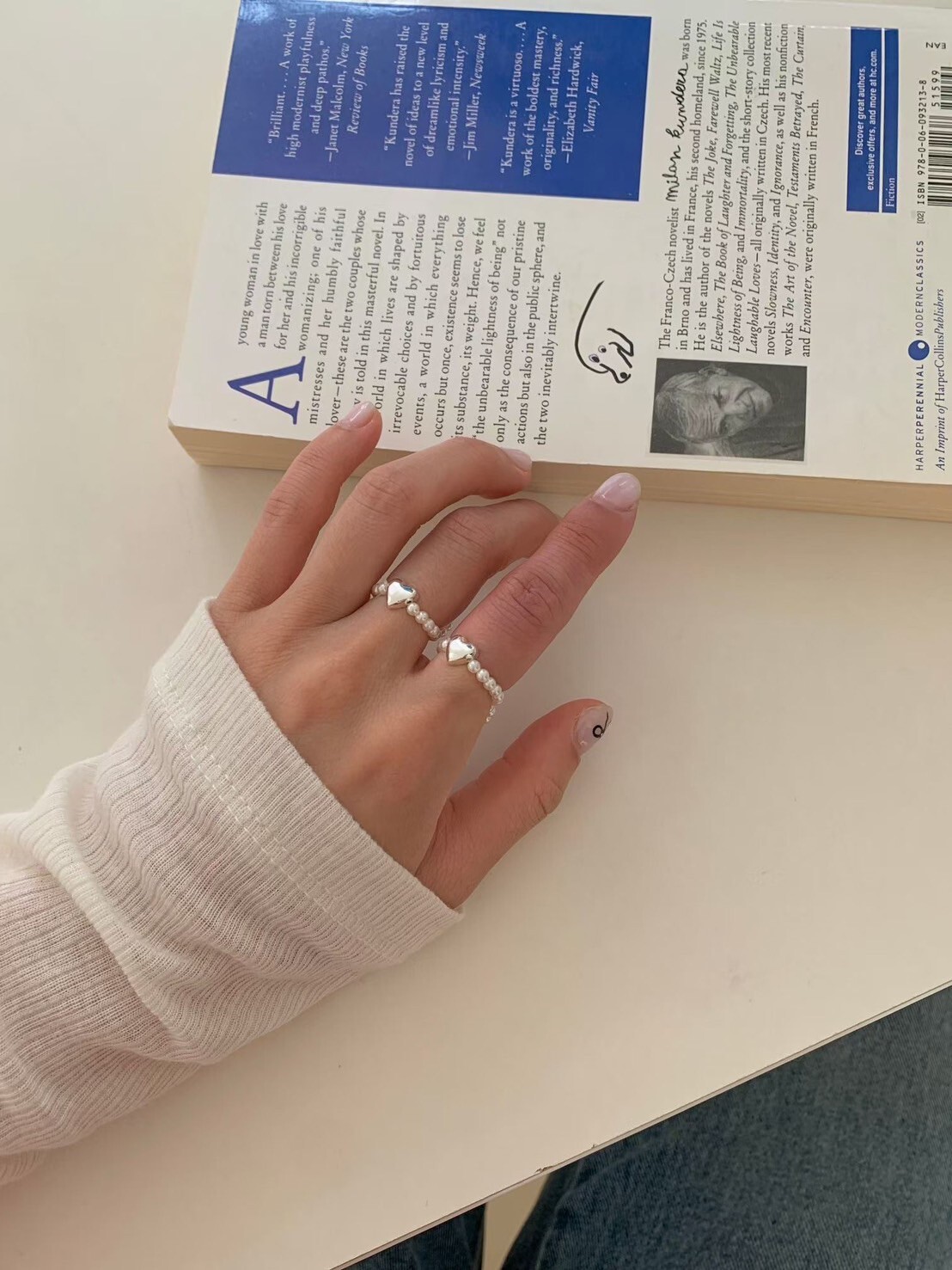 愛心造型滾邊珍珠彈力戒指