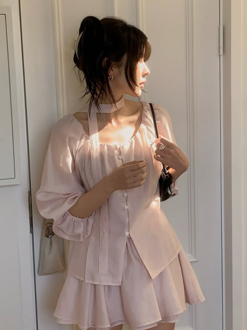 Vion 飄帶雪紡修身上衣 [ 3色 / Free ]