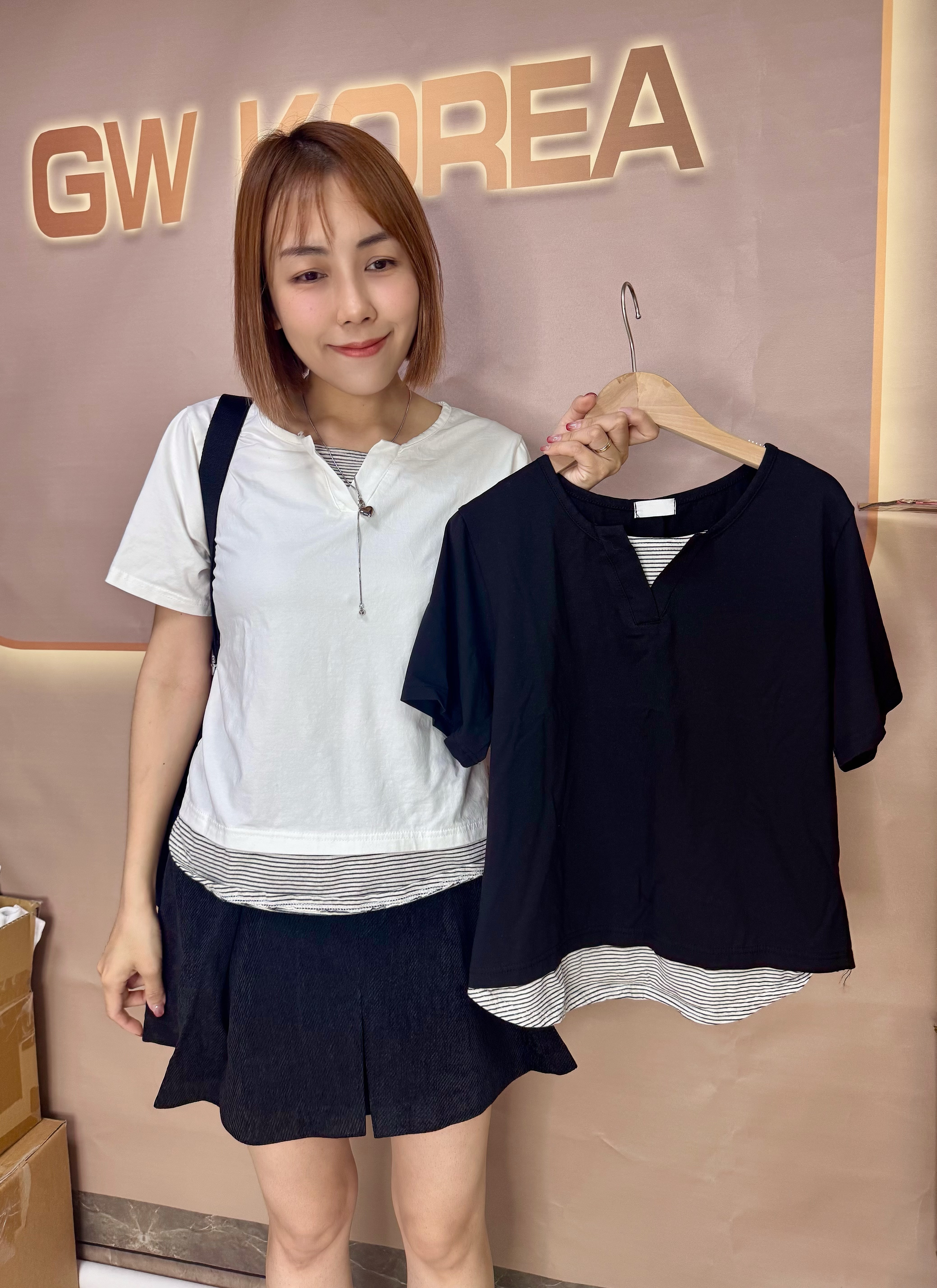 LO263198 假兩件橫間腳Tee*2色