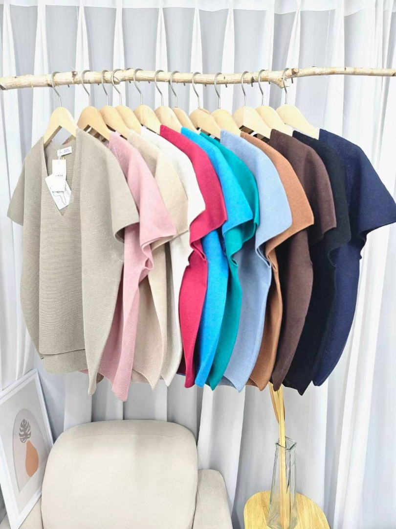 韓系氣質款V領針織短袖上衣