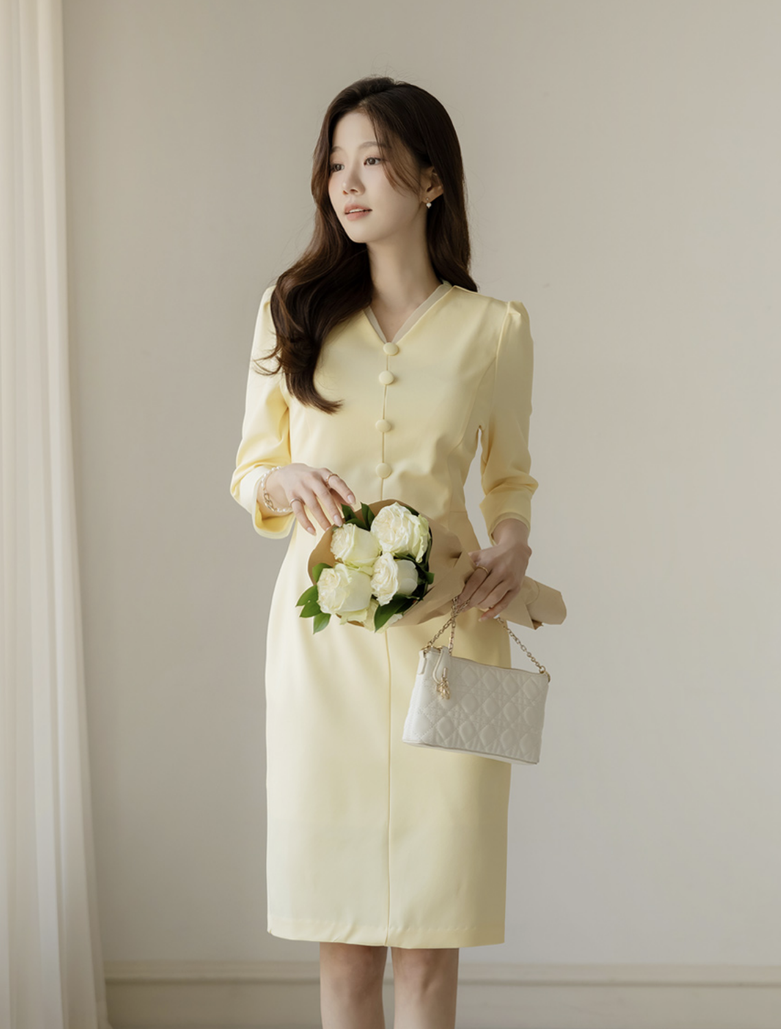 Amelia 優雅疊紗包釦洋裝 [ 2色 / S,M,L]