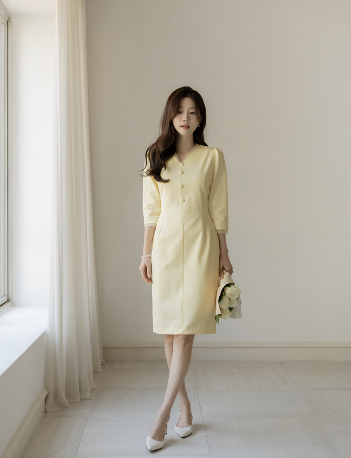 Amelia 優雅疊紗包釦洋裝 [ 2色 / S,M,L]