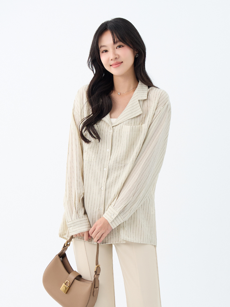 2604 OH！HER 細緻條紋小V領棉麻襯衫
