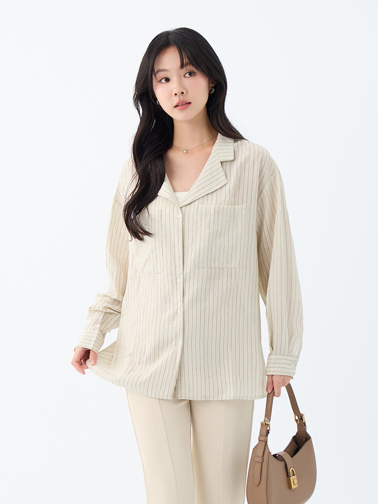 2604 OH！HER 細緻條紋小V領棉麻襯衫