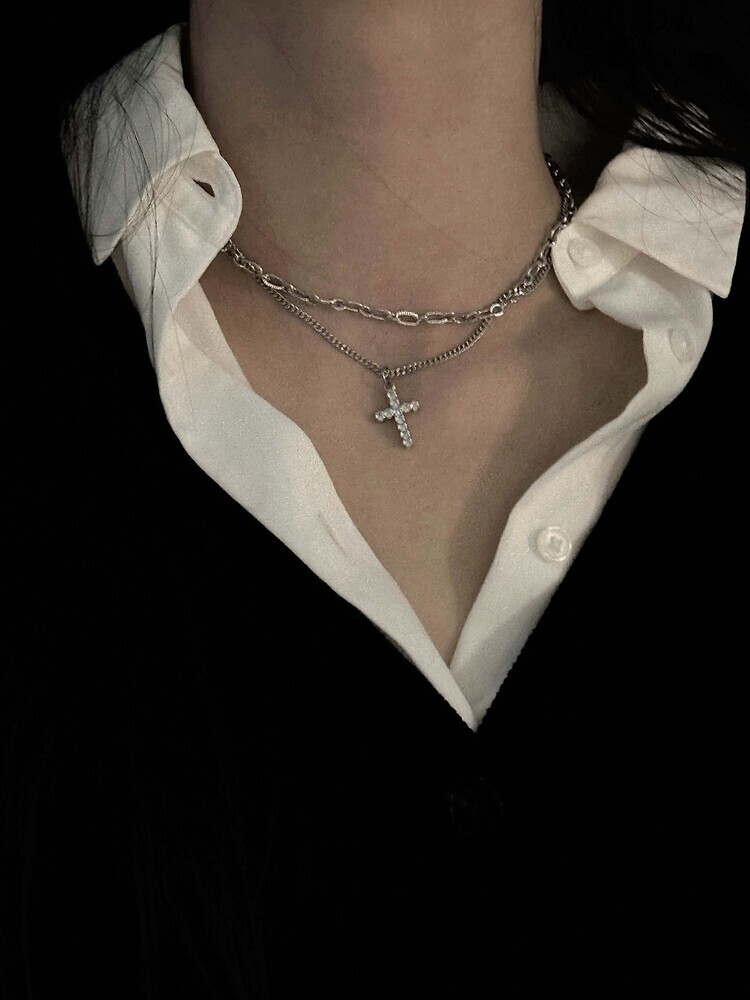 韓國 OFUSE 十字架 鋼 雙鍊 雙層 項鍊