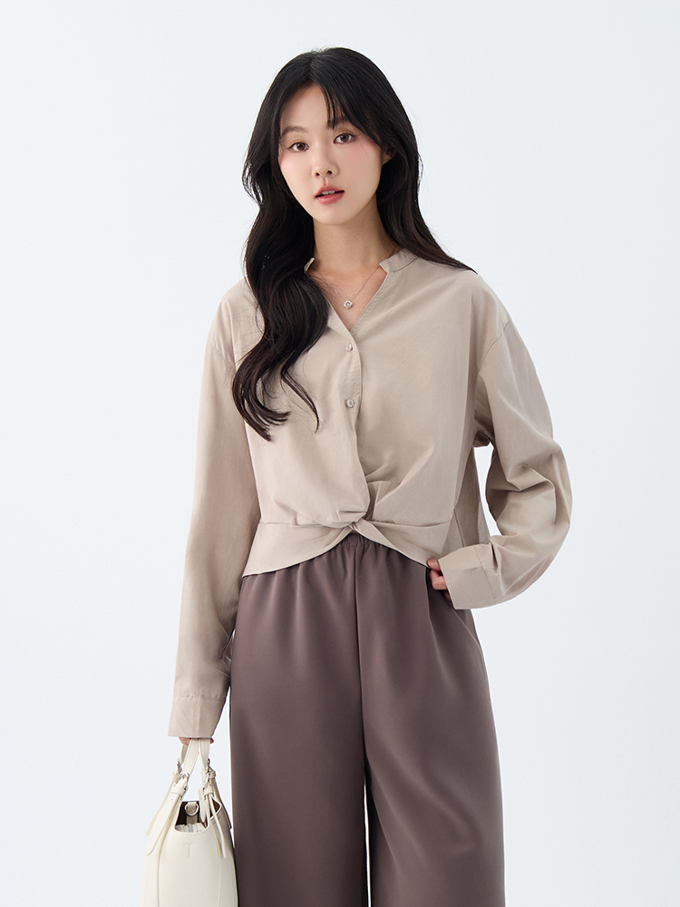 OH!HER 法式簡約下擺扭結襯衫(55%天絲)