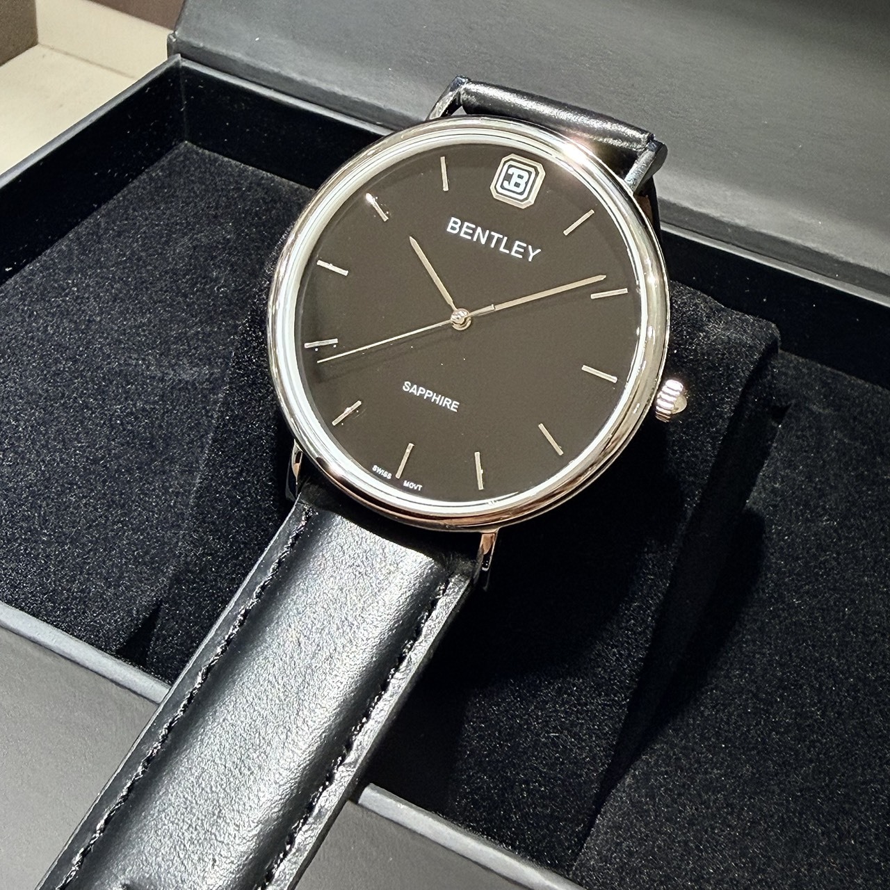 【BENTLEY 賓利】 文青極簡系列銀黑 瑞士機芯 黑色 真皮皮帶 手錶
