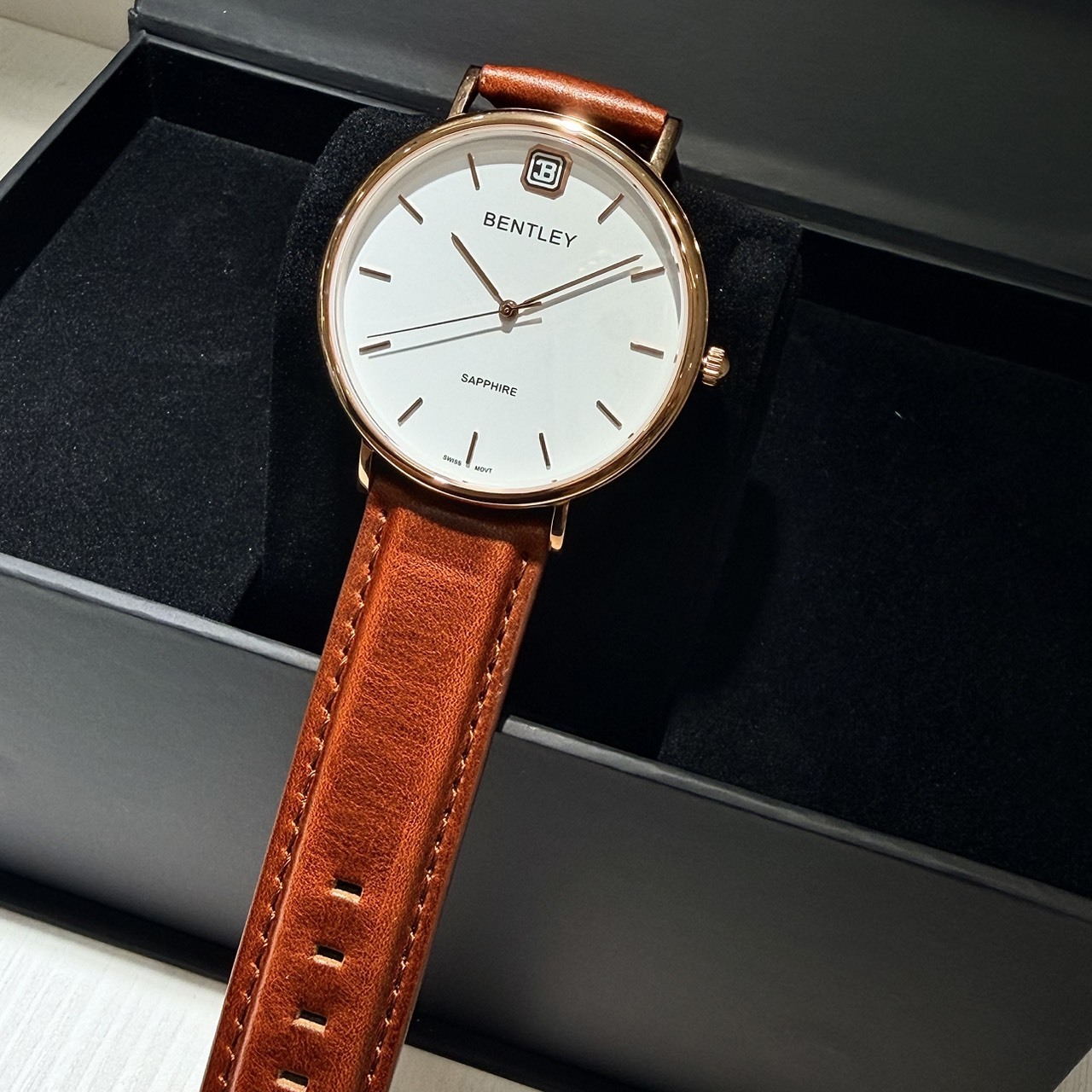 【BENTLEY 賓利】 文青極簡系列 玫白 瑞士機芯 咖色 真皮皮帶 手錶