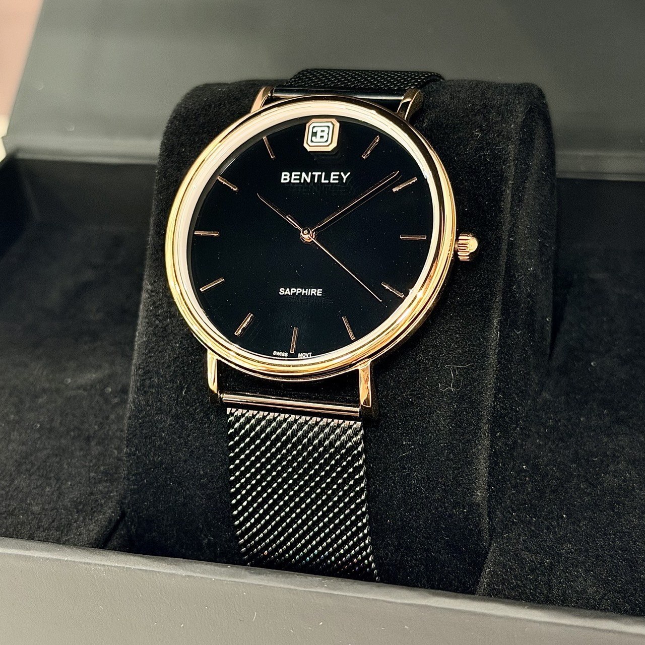 【BENTLEY 賓利】 文青極簡系列 玫黑 瑞士機芯 不鏽鋼 米蘭帶 手錶