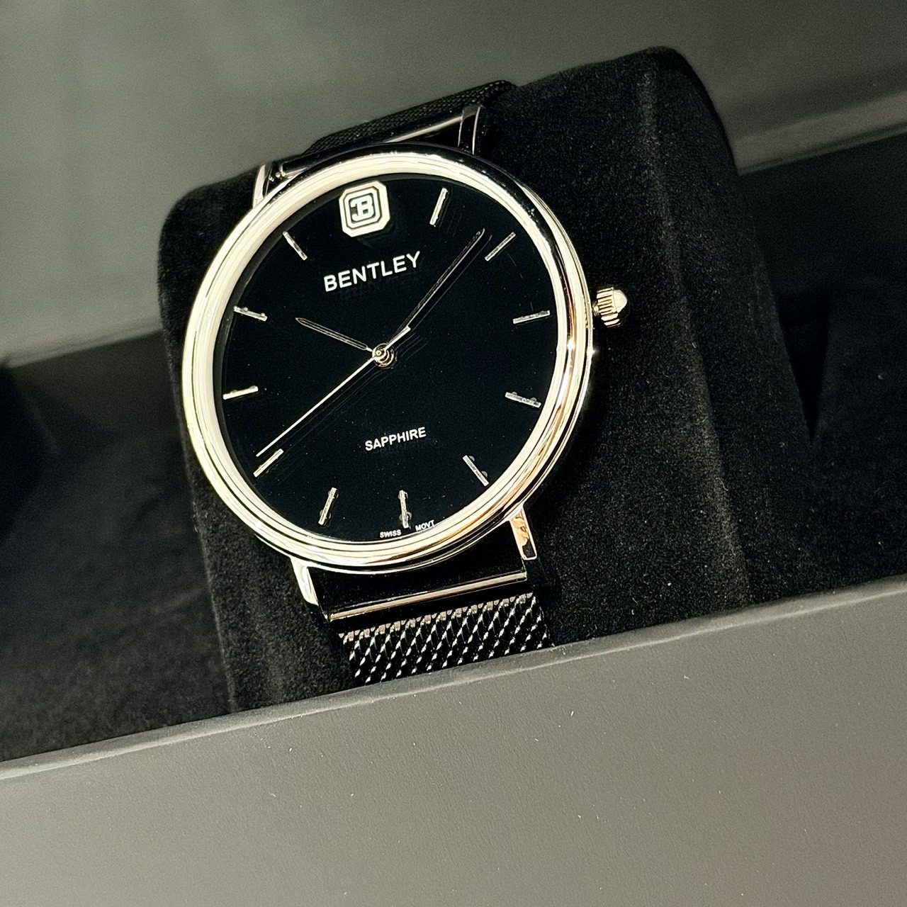 【BENTLEY 賓利】 文青極簡系列 銀黑 瑞士機芯 不鏽鋼 米蘭帶 手錶