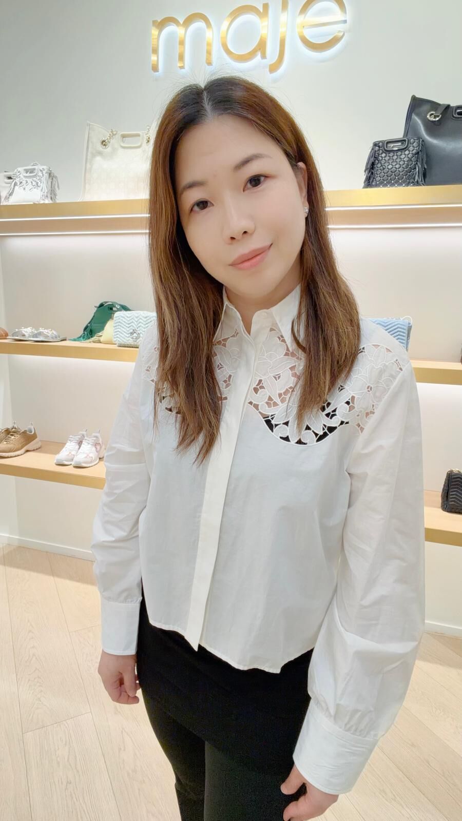 Maje 波浪底花紋白色長袖襯衫 #MFPCM00507