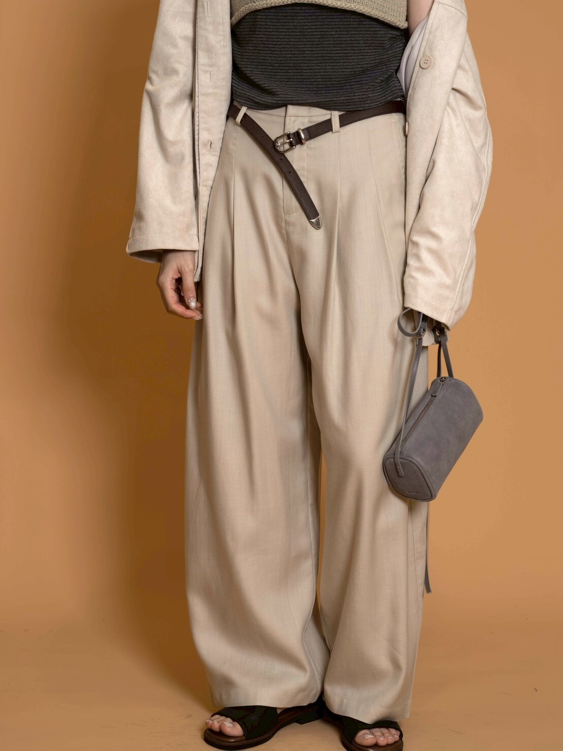 後小鬆緊天絲棉麻摺子褲/3色3碼/不透燕麥