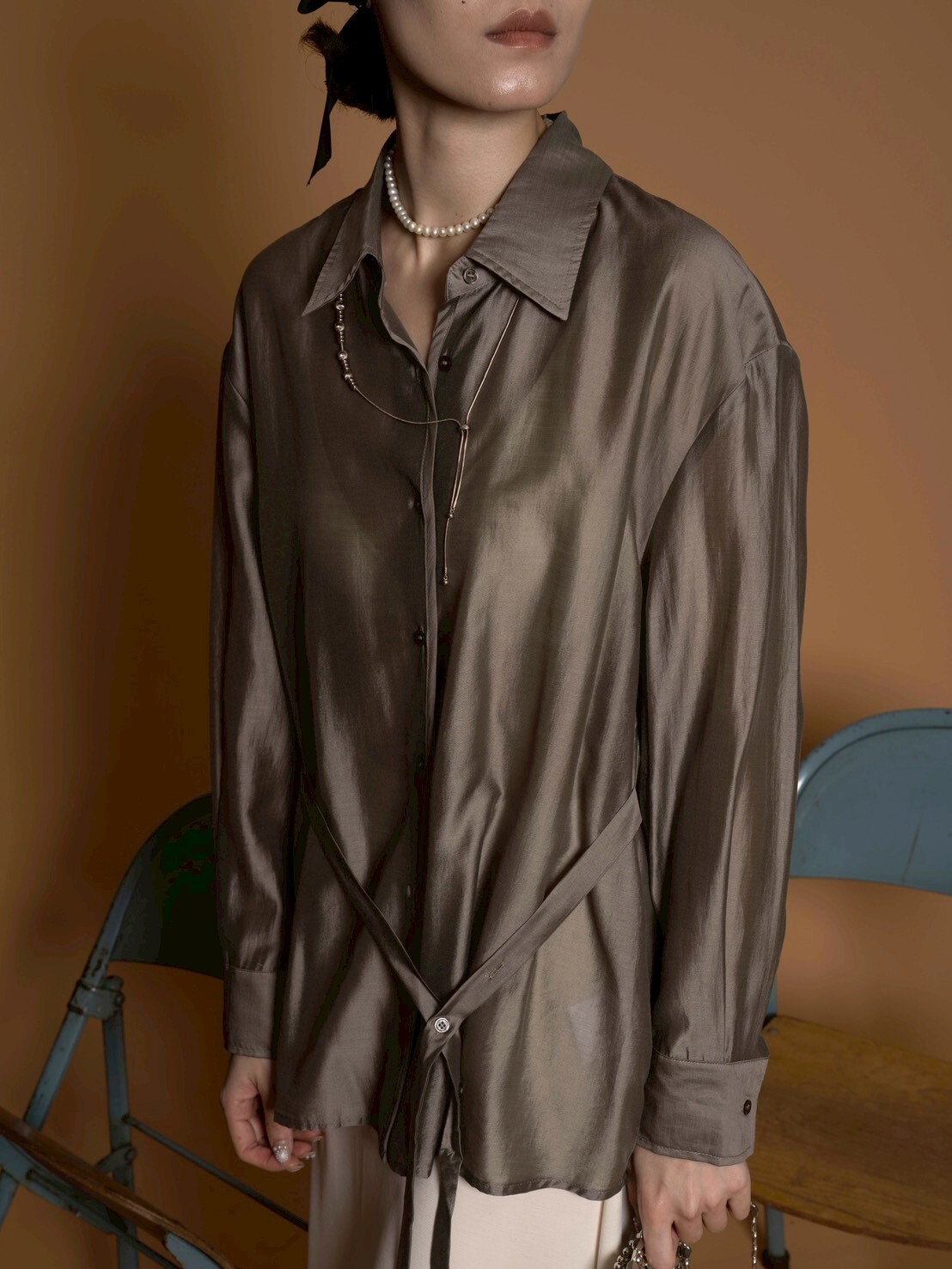 天絲與真絲的完美交融綁帶襯/4色均碼/灰綠