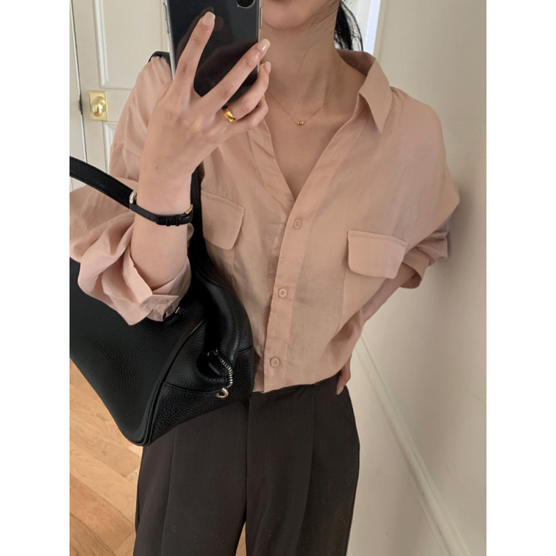 V領雙口袋 休閒襯衫(粉/白/深藍)