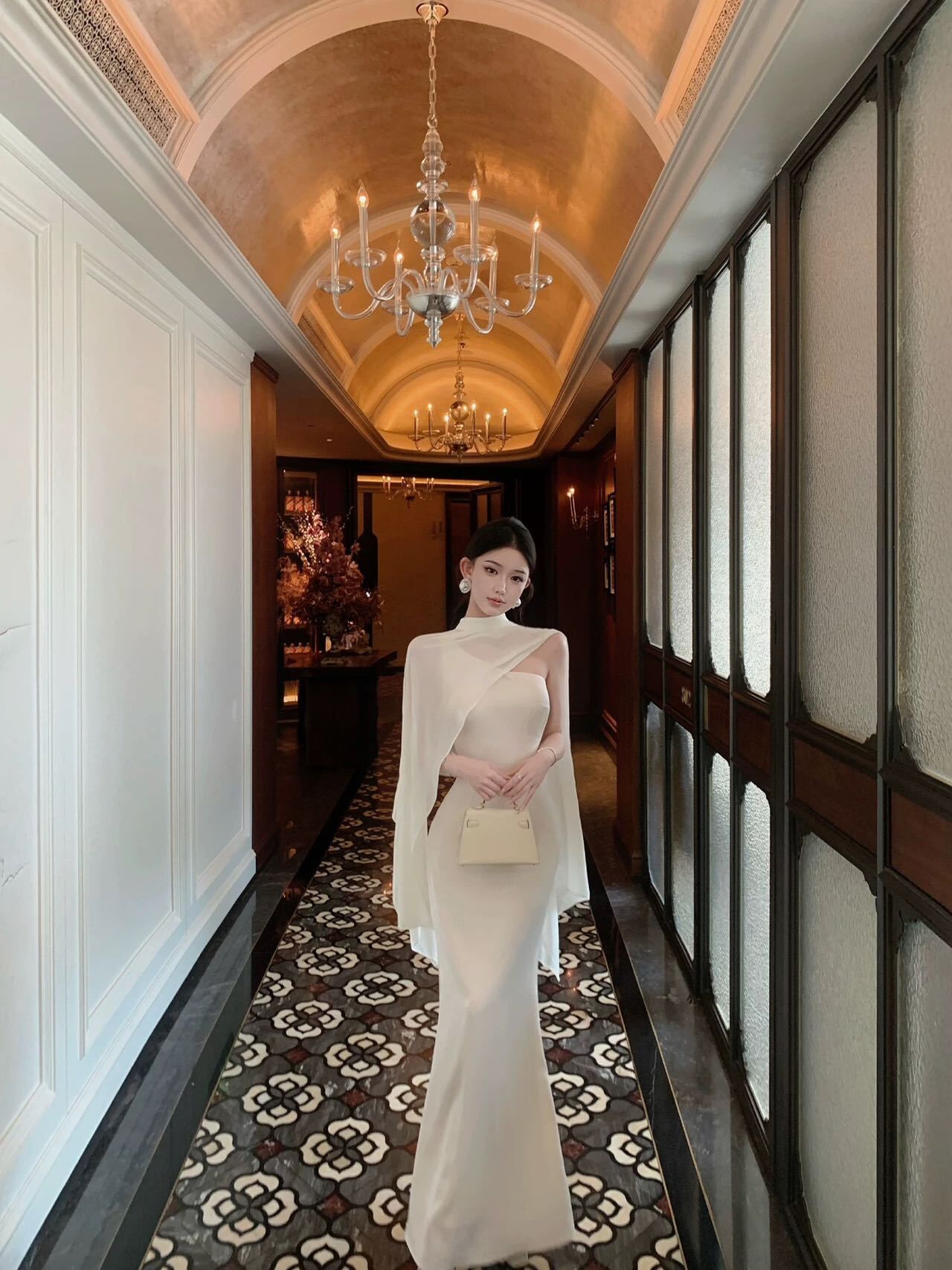 高冷名媛 雪紡披肩 斜肩絲綢長洋