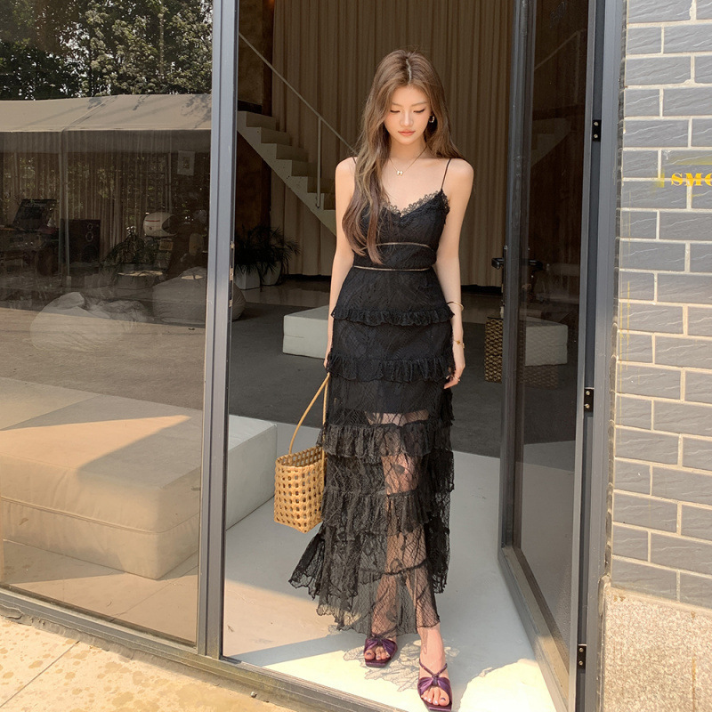 名媛性感 黑色蕾絲透膚長洋(2件組)
