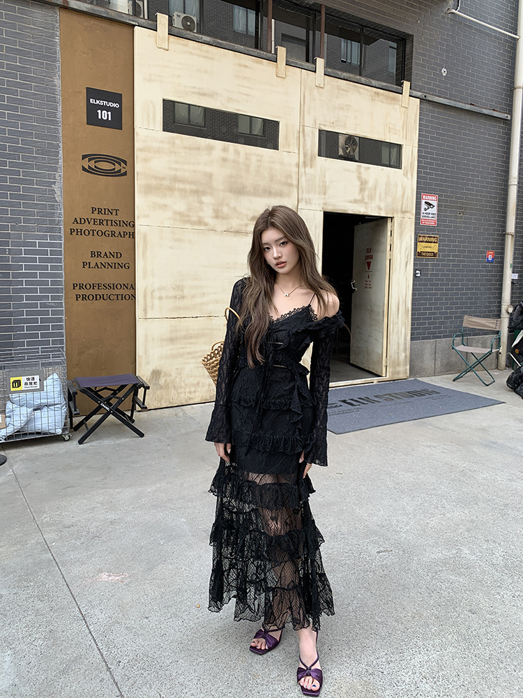 名媛性感 黑色蕾絲透膚長洋(2件組)