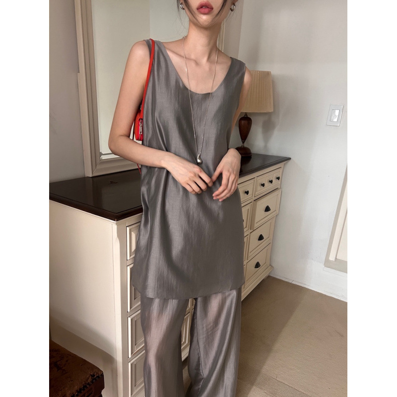絲滑無袖長版上衣+休閒長褲(2件組)(灰/黑/咖)