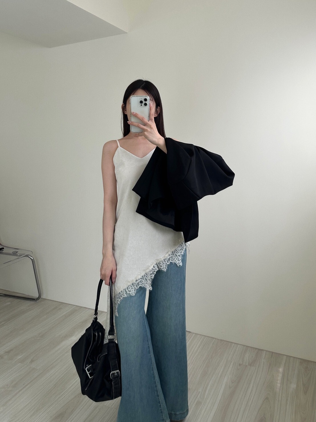 絨面拼接蕾絲不規則背心