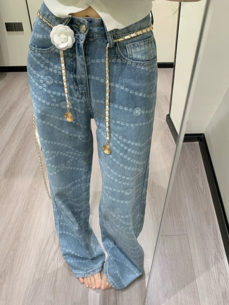 水洗小香珍珠項鍊 高腰牛仔褲