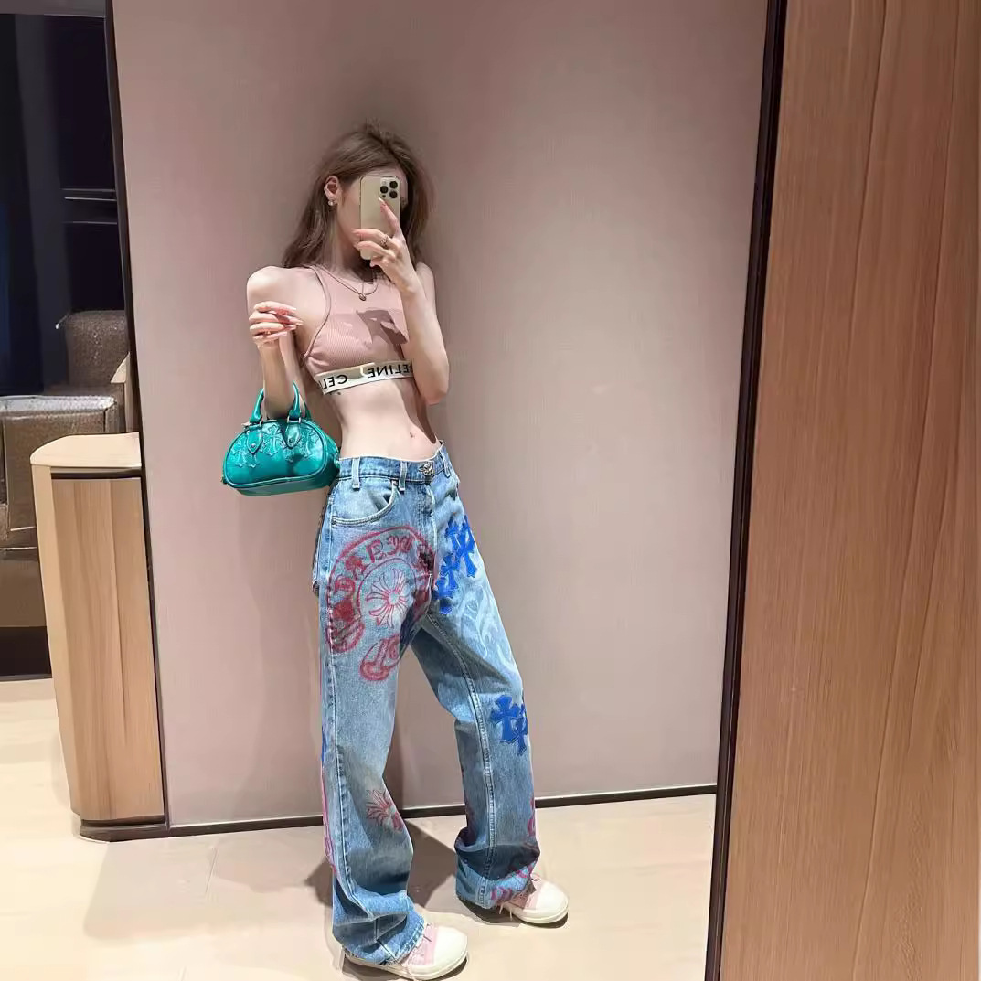 皮革車縫十字架 塗鴉高腰牛仔褲