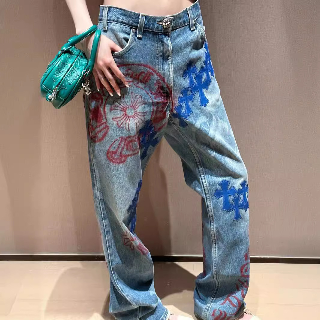 皮革車縫十字架 塗鴉高腰牛仔褲