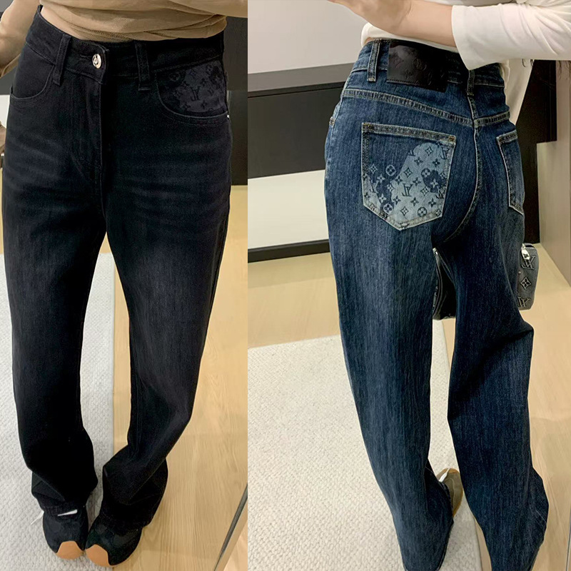 水洗荖花 高腰直筒牛仔褲(黑/深藍)