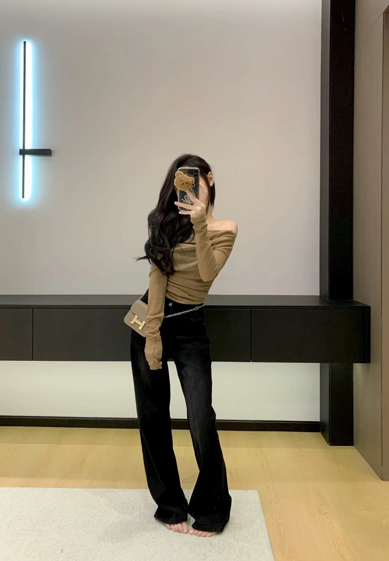 水洗荖花 高腰直筒牛仔褲(黑/深藍)