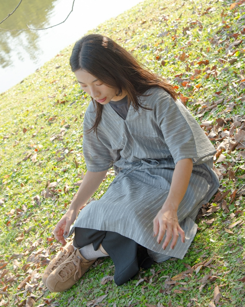 印度蓋染工藝純棉 蝴蝶連身裙 - 芒草灰