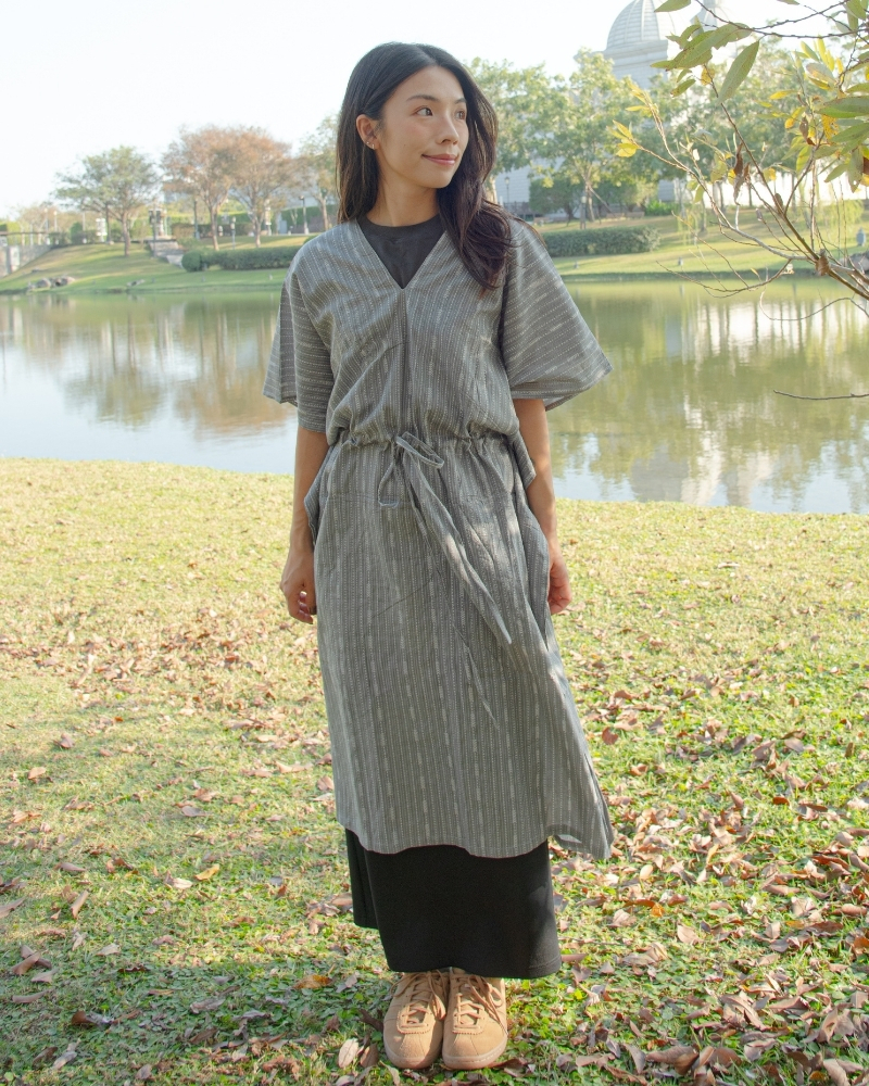 印度蓋染工藝純棉 蝴蝶連身裙 - 芒草灰