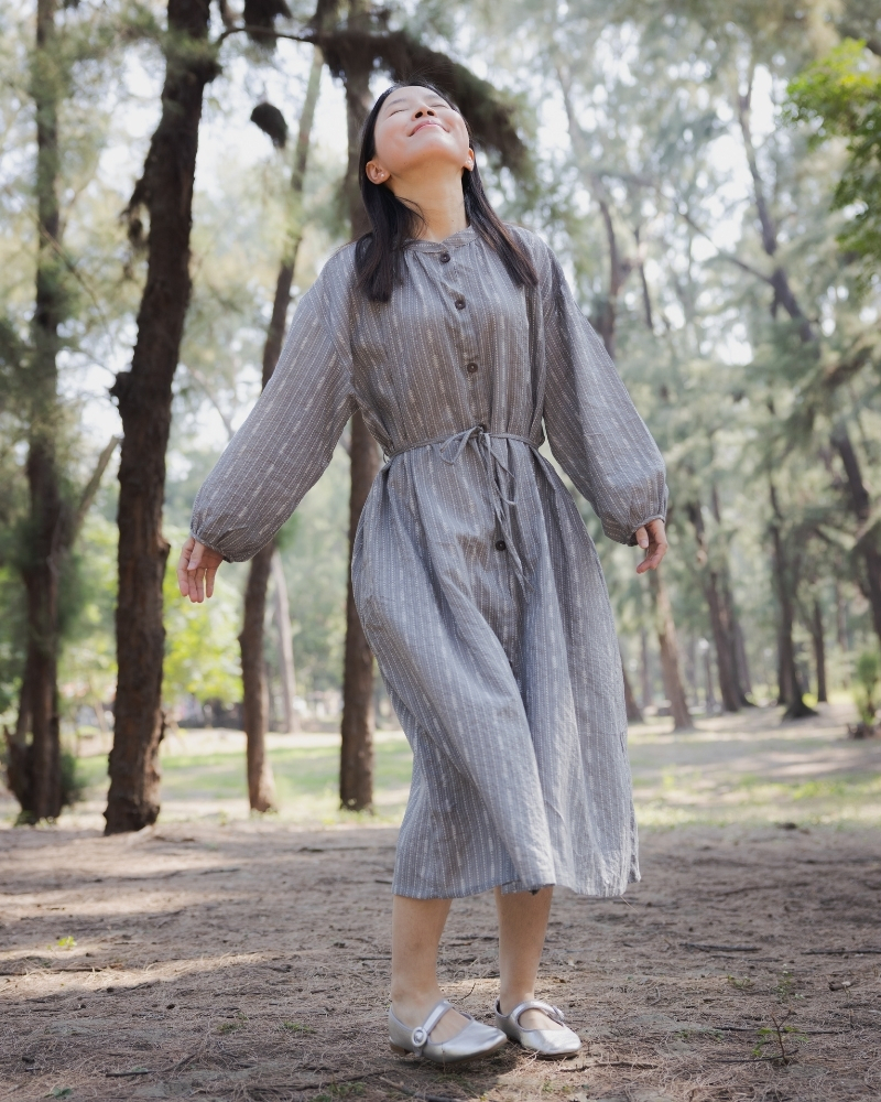 印度蓋染工藝純棉 長袖長版洋裝/罩衫 - 芒草灰