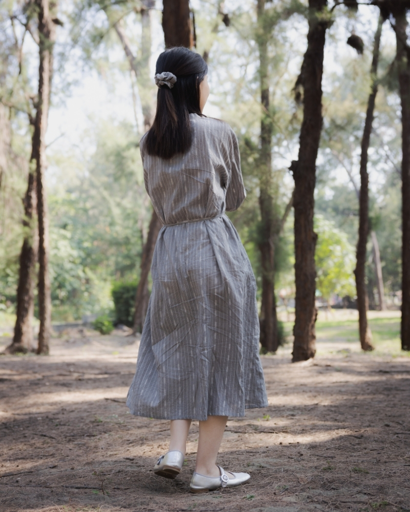 印度蓋染工藝純棉 長袖長版洋裝/罩衫 - 芒草灰