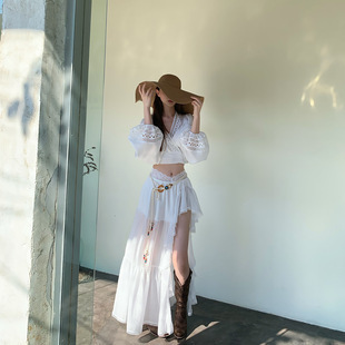 性感波西米亞風 V領蕾絲+高腰裙(2件組)