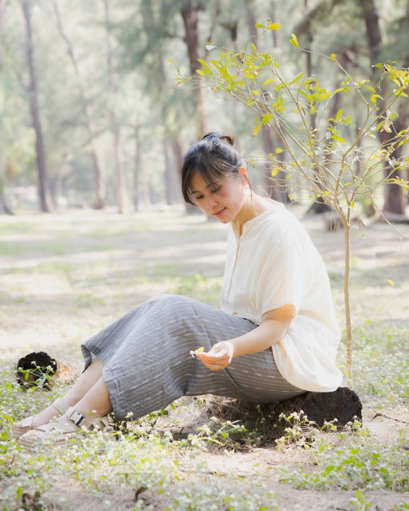 印度蓋染工藝純棉 長褲 - 芒草灰