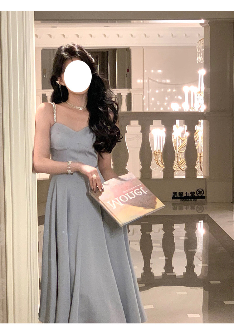 綢緞灰藍色 鑽肩帶小禮服