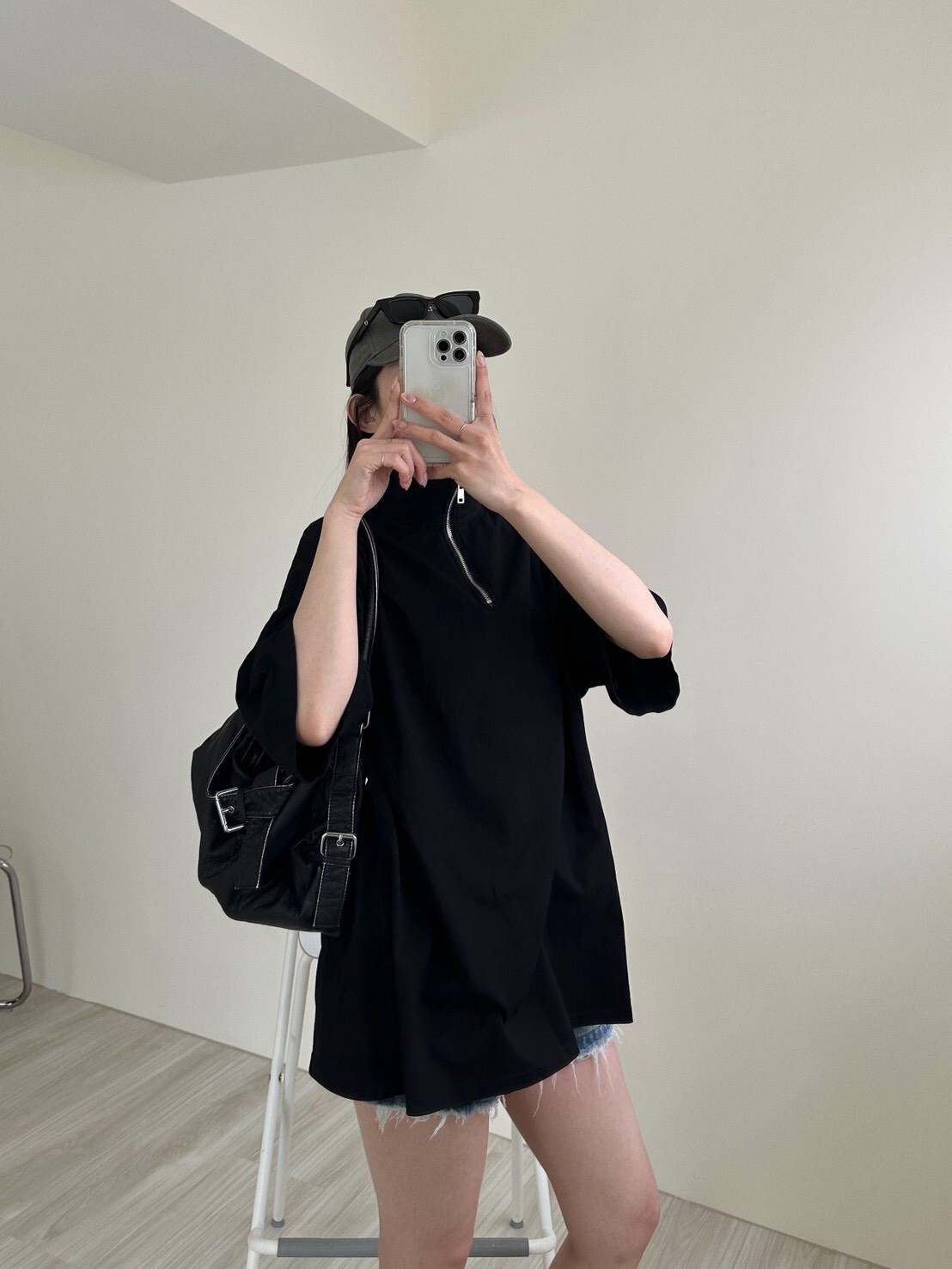 小個性立領半拉鍊短袖寬鬆大Tee