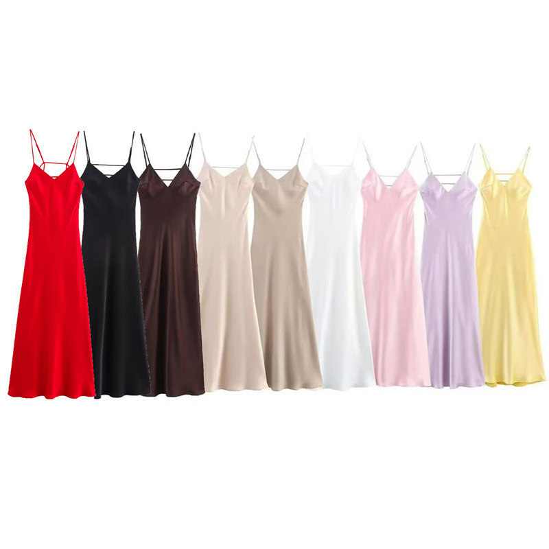 線條露背絲緞長洋裝(多色)