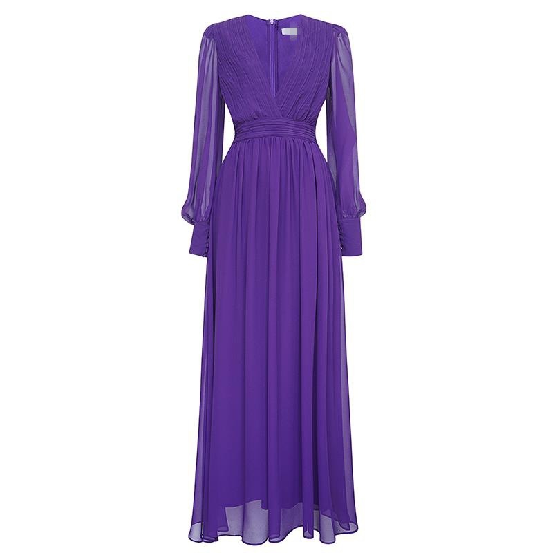 歐美氣勢款 雪紡V領長洋裝