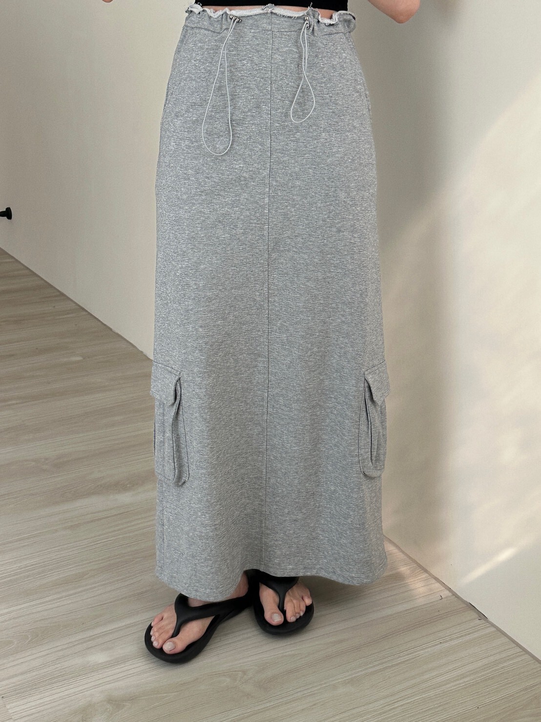 縮腰側邊口袋棉質長裙