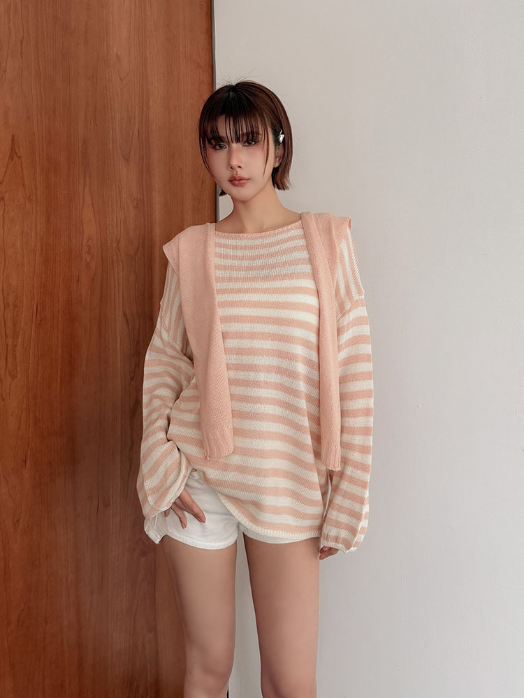 春夏多穿法·清透條紋薄針織（4色，附披肩）